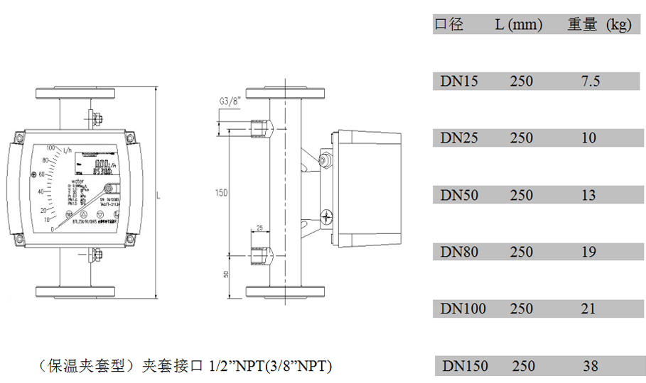防爆型金屬管轉(zhuǎn)子流量計(jì)夾套型外形尺寸及重量